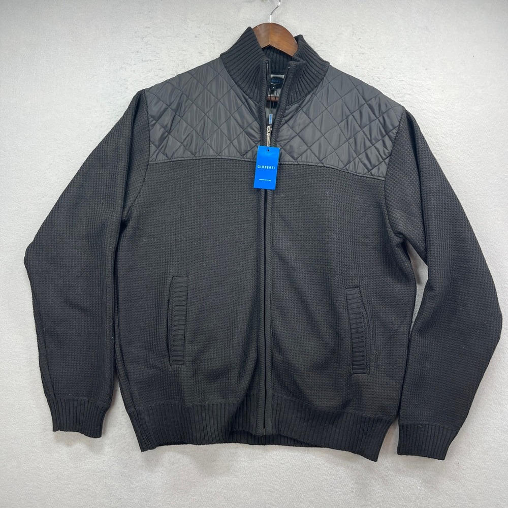 Gioberti Sweater Jacket Mens L Black Quilted Panel Waffle Knit Fleece Lined Zip